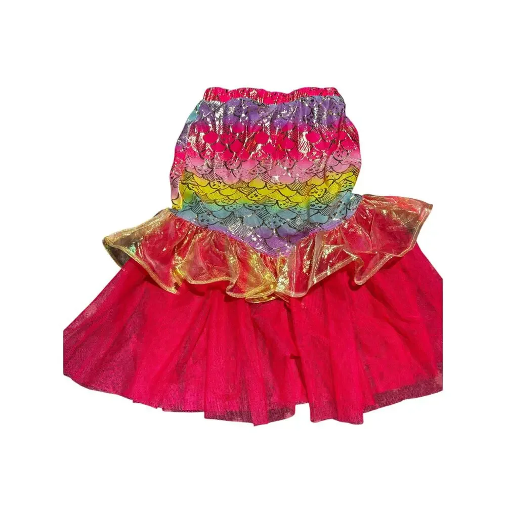 Cat and Jack 5t mermaid bikini and skirt tutu set metallic hot pink rainbow euc